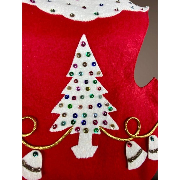 Vintage Felt Christmas Stocking Hand Made Tree Bells MidCentury Modern - Picture 5 of 9